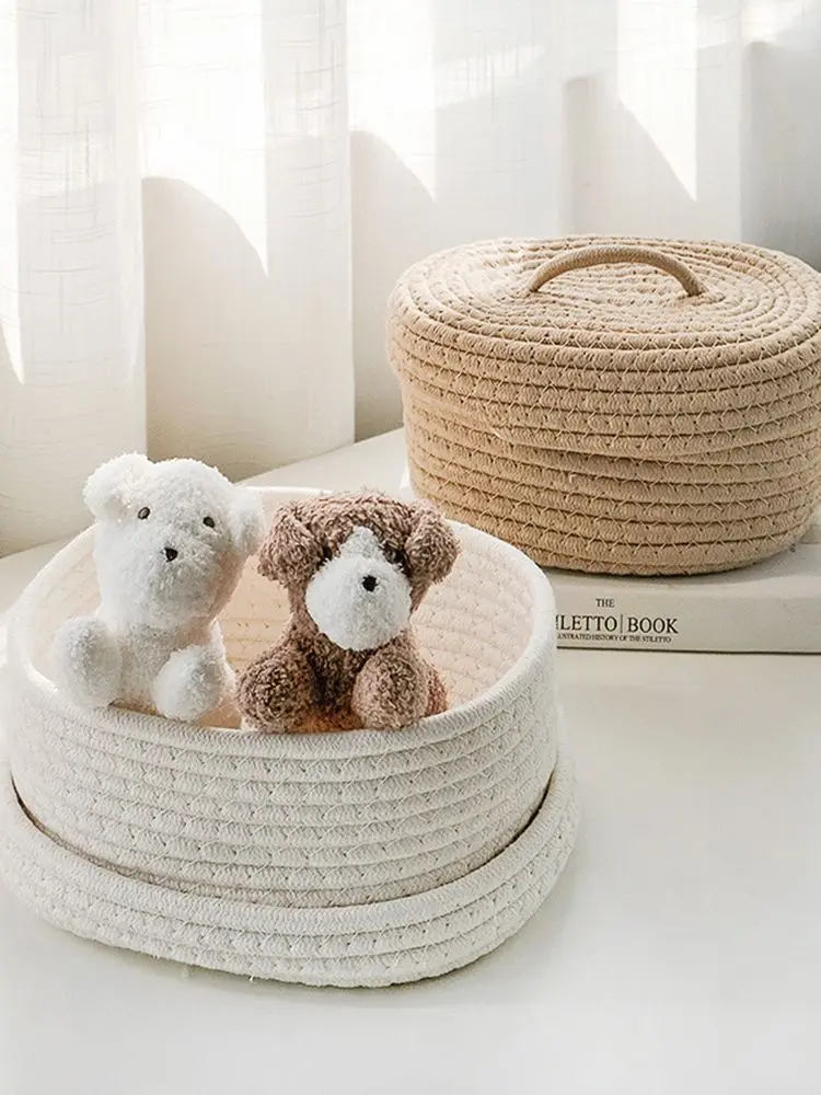 Cotton Rope Woven Storage Box Solid Color Oval Desktop With Cover Organizer Household Multifunctional Storage Supplies