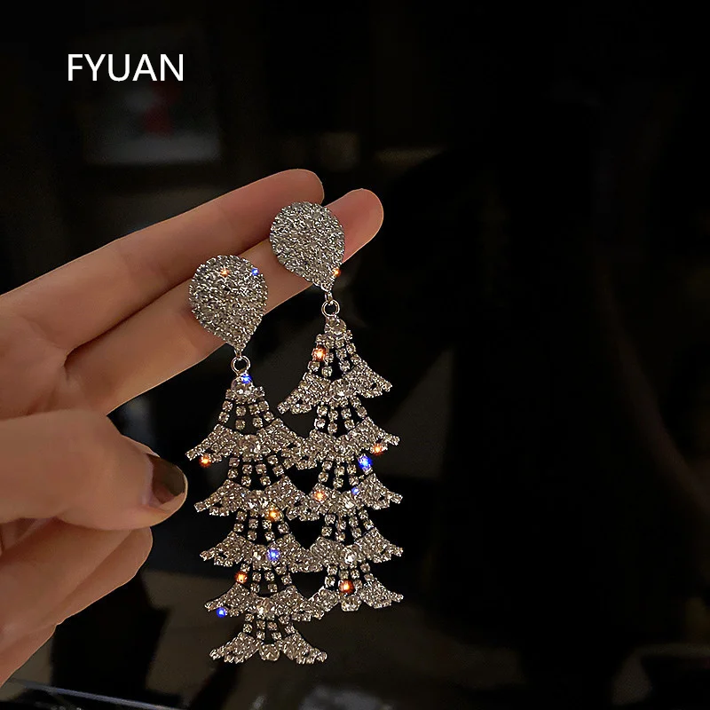 

FYUAN Geometric Water Drop Crystal Earrings for Women Bijoux Long Tassel Rhinestone Dangle Earrings Statement Jewelry