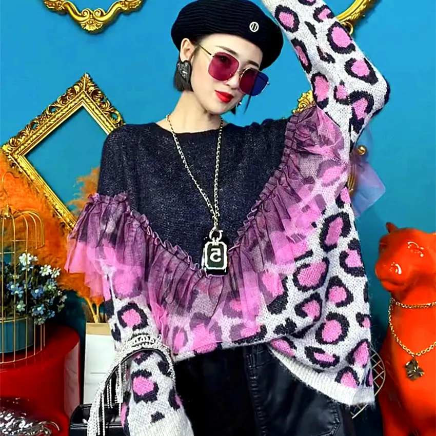 

Autumn Winter Loose Knitted Sweaters Women's Ruffles Pink Leopard Spliced Women Sweater For Women Women's Oversize Sweater SY263