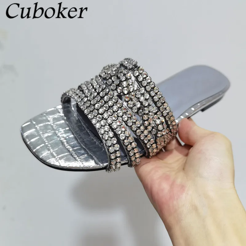 

Fashion Brand Square Toe Women Crystal Slippers Bling Bling Rhinestone Decor Flat With Ladies Slides Summer Runway Women Shoes