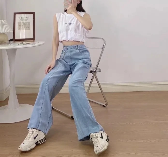 Withered England Style Vintage Mom Jeans Woman High Street Buttons Side Of Striped Loose Denim Pants High Waist Jeans For Women