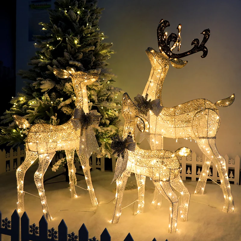 Christmas decorations shopping mall hotel window scene decoration family of three luminous wrought iron Christmas deer kids gift