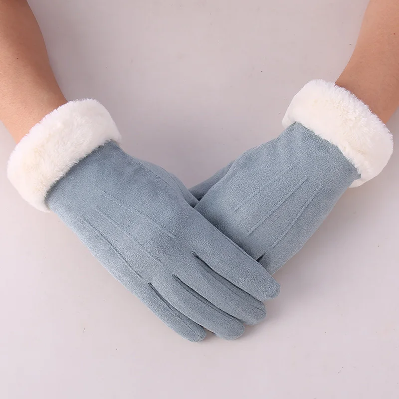 

Winter Female Warm Suede Leather Outdoor Sport Cycling Mitten Women Double Thick Plush Cashmere Touch Screen Driving Glove I5