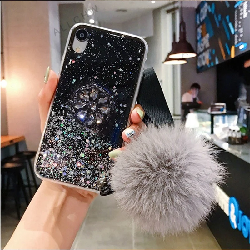 S23FE Cute Diamond staffa Hair Ball Lanyard custodia morbida per telefono Glitter per Samsung S24 S23 S22 S21 S20 S10 S9 Plus Note20Ultra