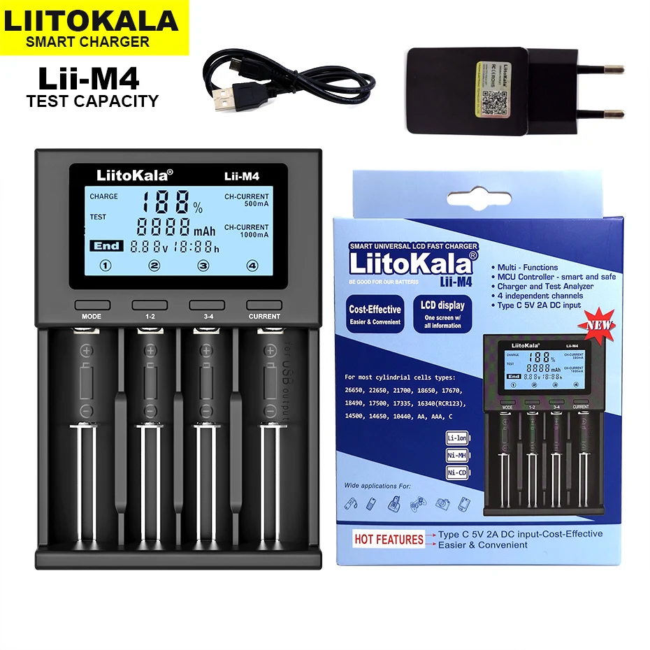 

NEW LiitoKala Lii-M4 18650 Charger LCD Display Universal Smart Charger Test capacity for 26650 18650 21700 AA AAA etc 4slot