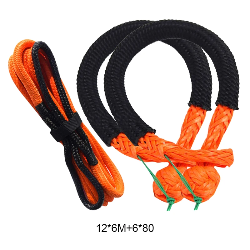 6mm*80mm Soft Shackles 12mm*6m Kinetic Recovery Rope for ATV UTV SUV Recovery Towing Offroad Parts Orange Color Free Shipping