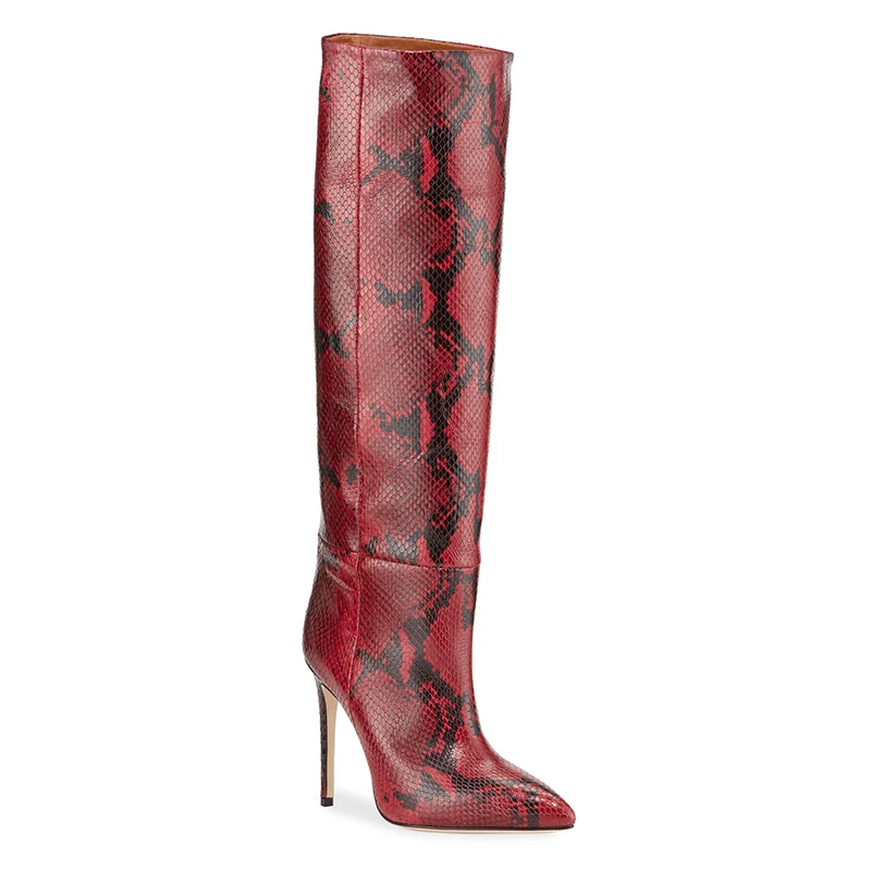 Red Snake Print Knee Boots For Women 2021 High Heel Long Boots Slip On Tall Boot Opinted Toe Ladies Winter Shoes Large Size