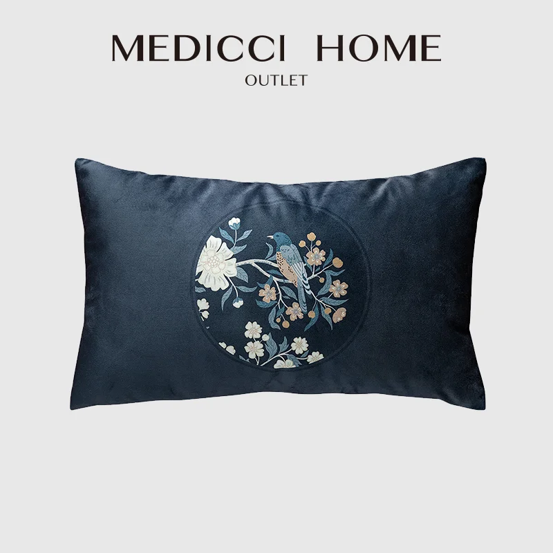 Medicci Home Accent Cushion Cover Moonlight Window Oriental Rhythm Chinese Style Ultra Soft Velvet Bolster Pillow Case Navy Blue