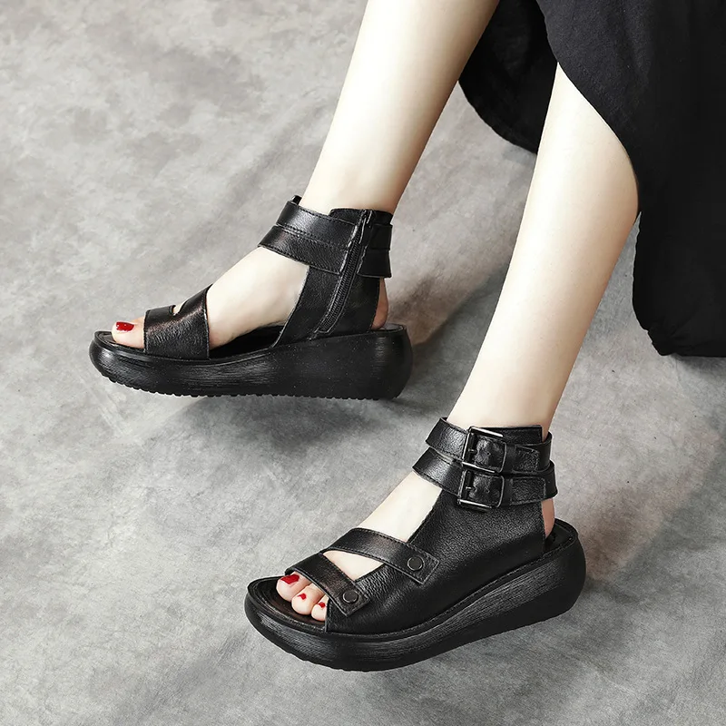 Xiuteng 2022 Summer New Roman Sandals Women\'s Trifle Thick-Soled Retro Leather Handmade Sandals Female Fish Mouth Comforta Shoes