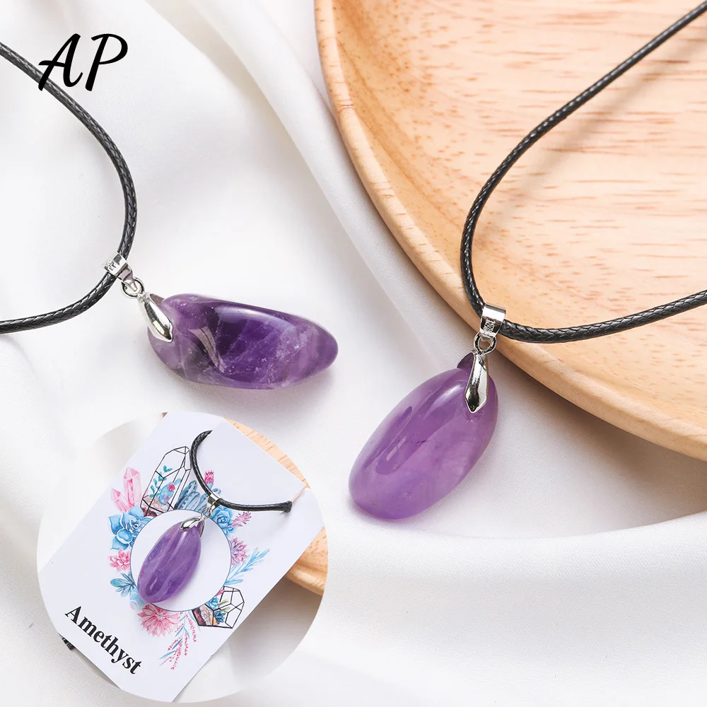 1pc Natural Crystal Pendant Amethyst Irregular Energy Leather Rope Necklace Purple Stone Jewelry Lady Gift