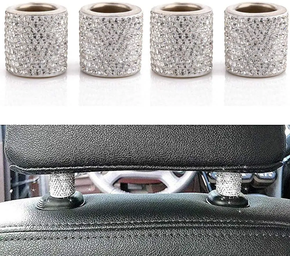 4 Pack Car Headrest Collars Car Head Rest Rings Decor Bling Bling Crystal Diamond Ice for Car SUV Truck Interior Decoration