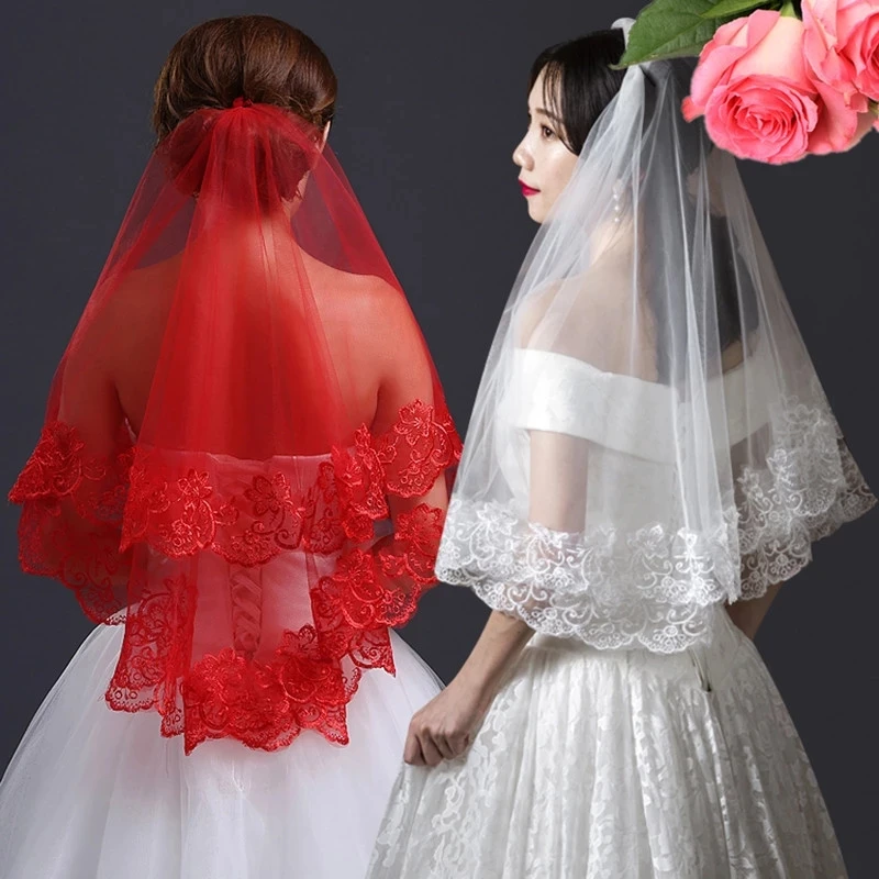 One Layer Short Wedding Veil, White Ivory Bridal Veil, Lace Edge Appliques, Hot Wedding Accessories, Red