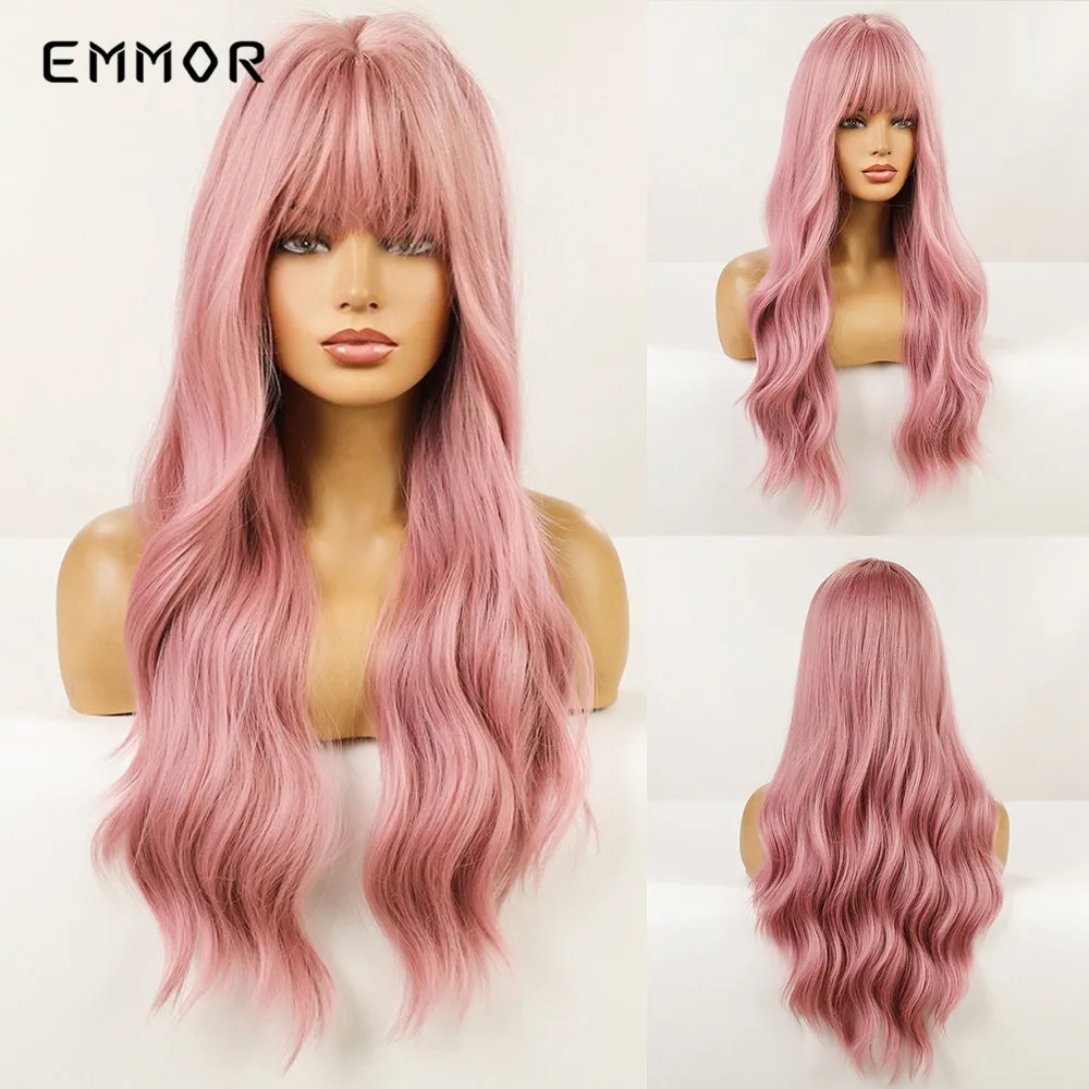 Emmor Long Body Natural Pink Wig for Women Synthetic Wavy Wigs with Bangs Fashion Heat Resistant Fiber Cosplay Party Hair Wig