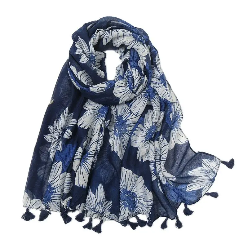 2024 Spain Luxury Brand Navy Blue Lovely Floral Tassel Viscose Shawl Scarf Lady High Quality Wrap Headband Bufandas Muslim Hijab