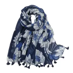 Hijab musulman bleu marine pour femme, joli pompon floral, viscose, châle, écharpe, haute qualité, bande ronde, Espagne, marque de luxe, 2024