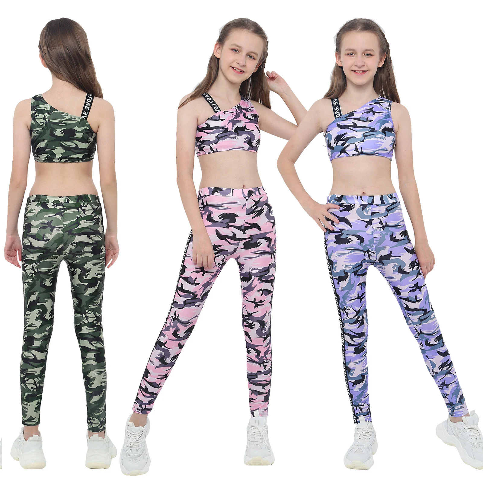 Kids Teens Sports Suits Crop Top with Leggings Pants 2 Pieces Sets Girls Gymnastics Ballet Dance Wear Camouflage Print Tracksuit