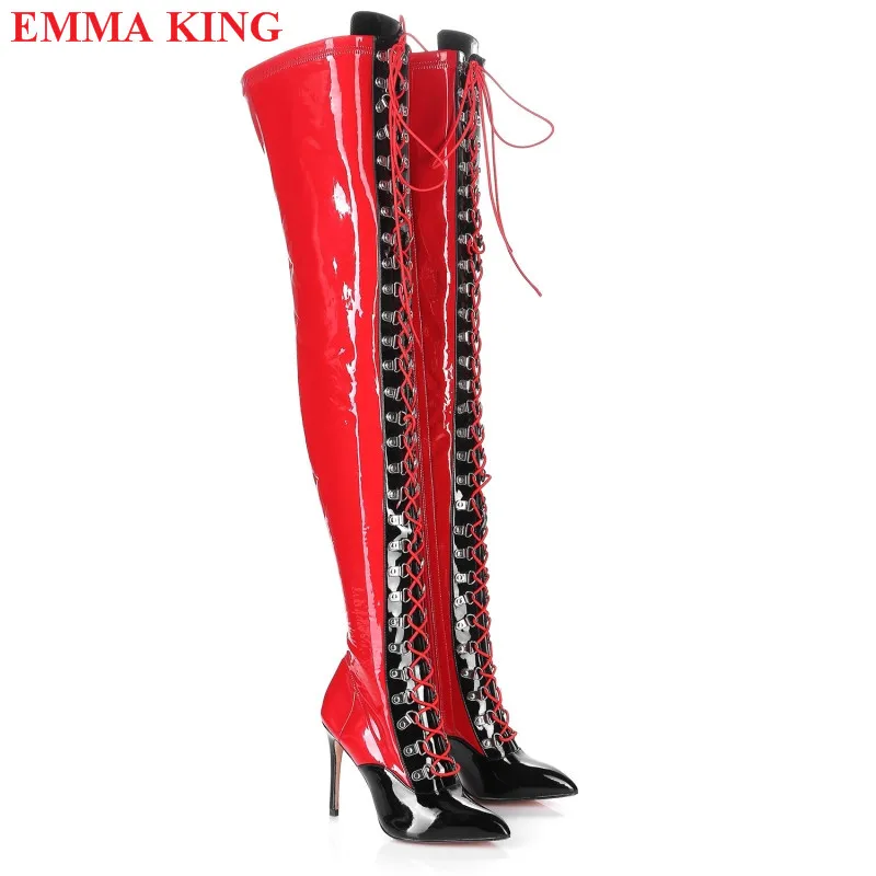 Inverno rosso nero lucido stivali sopra il ginocchio in pelle donna Lace Up Stiletto Party stivali alti alla coscia moda scarpe con tacco alto donna