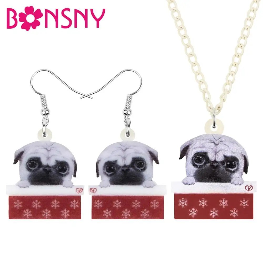 

Bonsny Acrylic Christmas Pug Dog Jewelry Sets Animal Drop Dangle Earrings Necklace For Women Girl Teen Kid Charm Decoration Gift