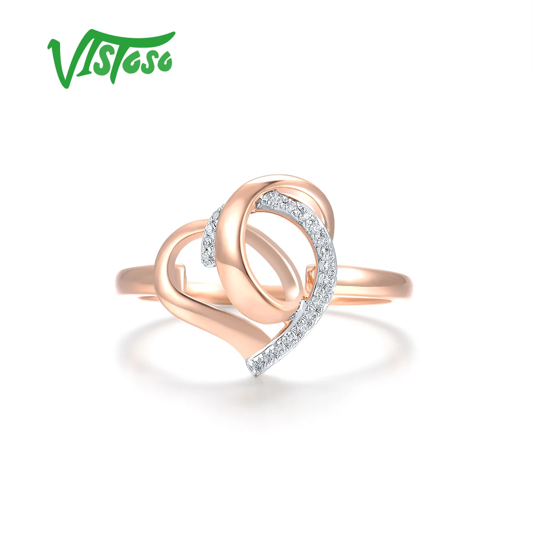 VISTOSO Genuine 14K 585 Rose Gold Ring For Women Sparkling Diamond Twisted Heart Ring Elegant Daily Wear Gifts Fine Jewelry