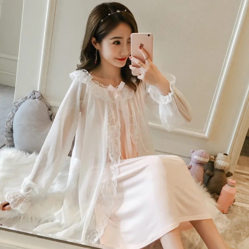 Retro court nightdress female spring and autumn cotton princess wind long sleeve pajamas sexy lace girl long skirt thin section