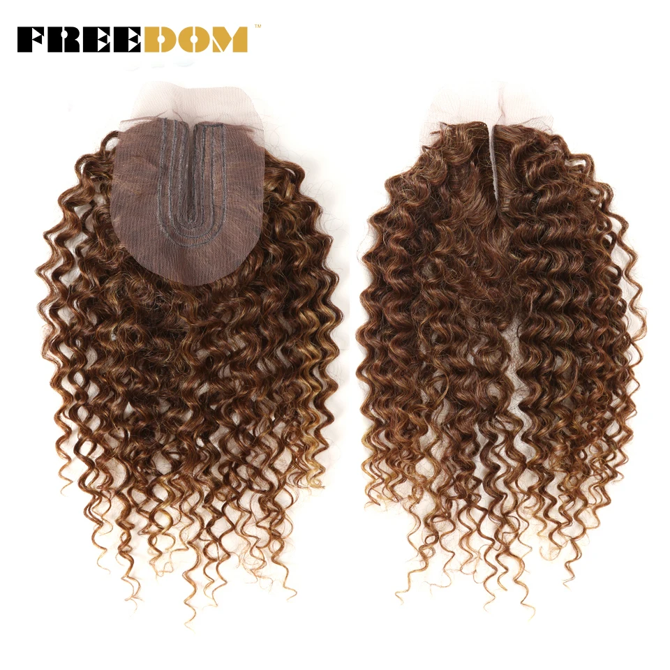 FREEDOM Synthetic Hair Weave 7 Pieces/lot Afro Kinky Curly Hair Bundles With Lace Closure Ombre Blue Hair Extensions For Women