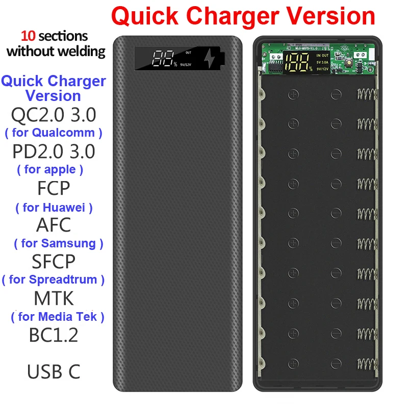 Welding Free 10*18650 Battery Storage Box Dual USB Power Bank Case DIY Shell Case 18650 Battery Holder Box PD QC3.0 Quick Charge