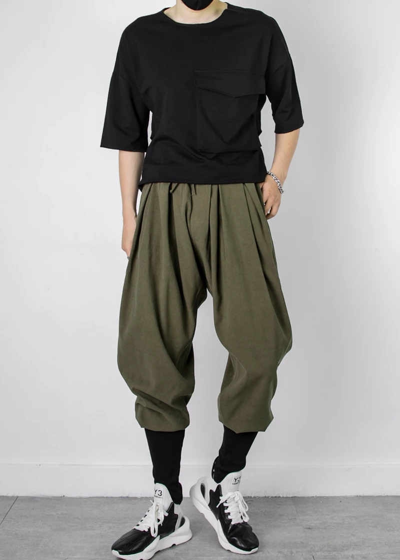 Four Seasons Minimalist Japanese Dark Black Mountain Style Pants Rib Bag Calf Loose Harem Pants Men