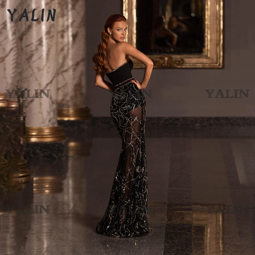 YALIN See Thru Mermaid suknie wieczorowe Sweetheart czarne seksowne kobiety sukienka na formalną imprezę cekinowa suknia klienta Robe De Soiree