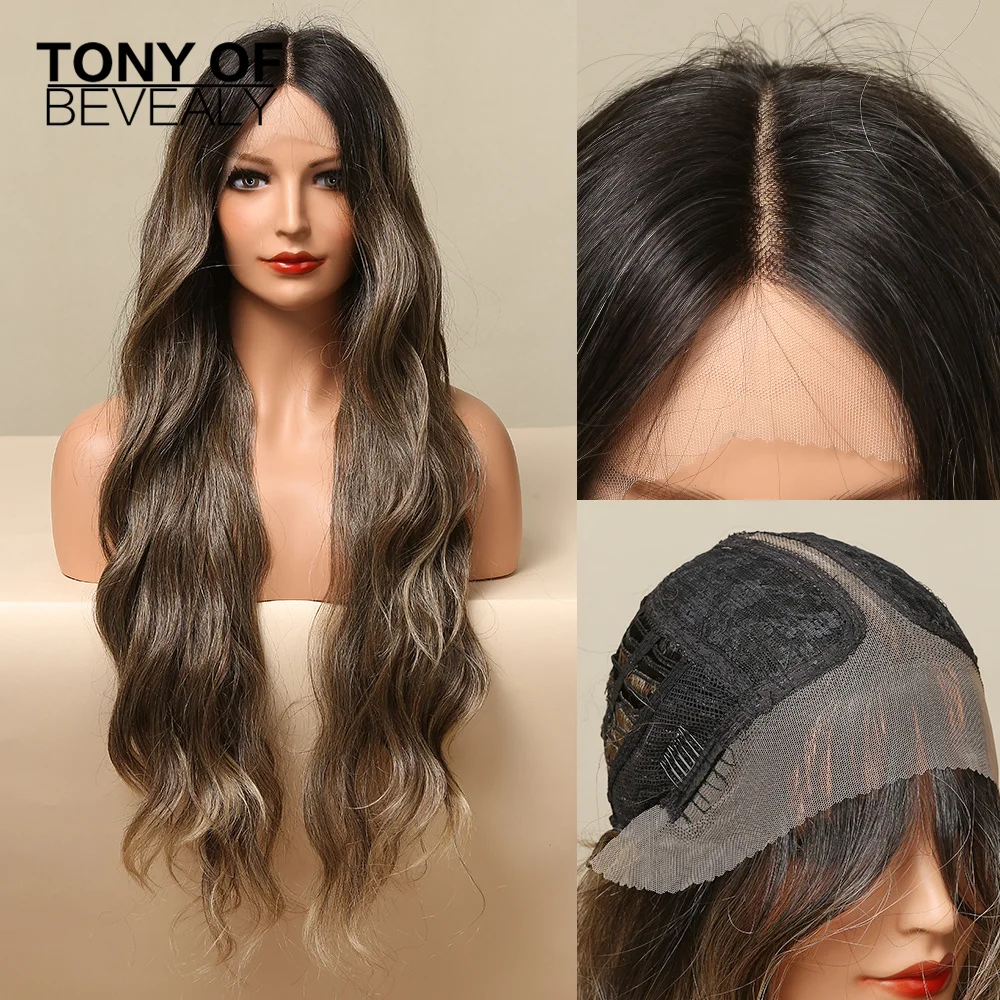 Perruque Lace Front Wig synthétique Body Wave longue noire, perruque t-part Lace transparente pour femmes noires, perruque Lace Front Wig haute