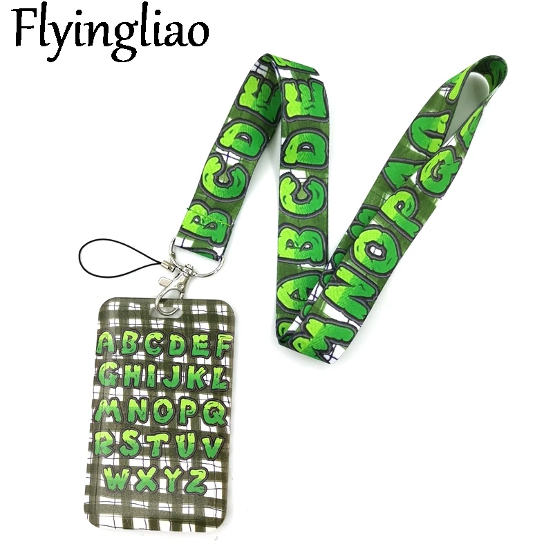 Green Lattice Alphabet Anime Lanyard Badge Holder ID Card Lanyards Mobile Phone Rope Key Lanyard Neck Straps Keychain Key Ring