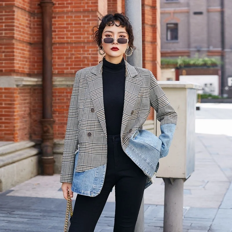 Womens Autumn Plaid Blazer Design Patchwork Denim Double Breasted Suit Jacket Fashion Outerwear Lapel Loose Fit Casual Blazers