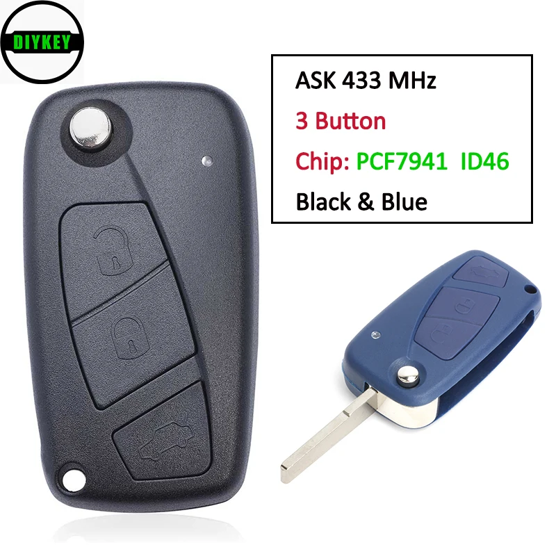 DIYKEY Flip Remote Key Black & Blue Fob 3 Button ASK 433MHz PCF7941 ID46 Chip for Fiat Panda 2003 2004 2005 2006 2007 2008-2012