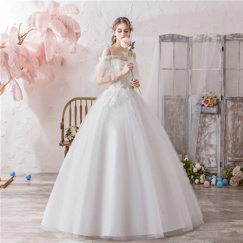 Chaep simple Ball Gown Spaghetti Straps Off White Tulle Wedding Dress 2020 with Flower Bridal Dress Marriage Customer Plus Size