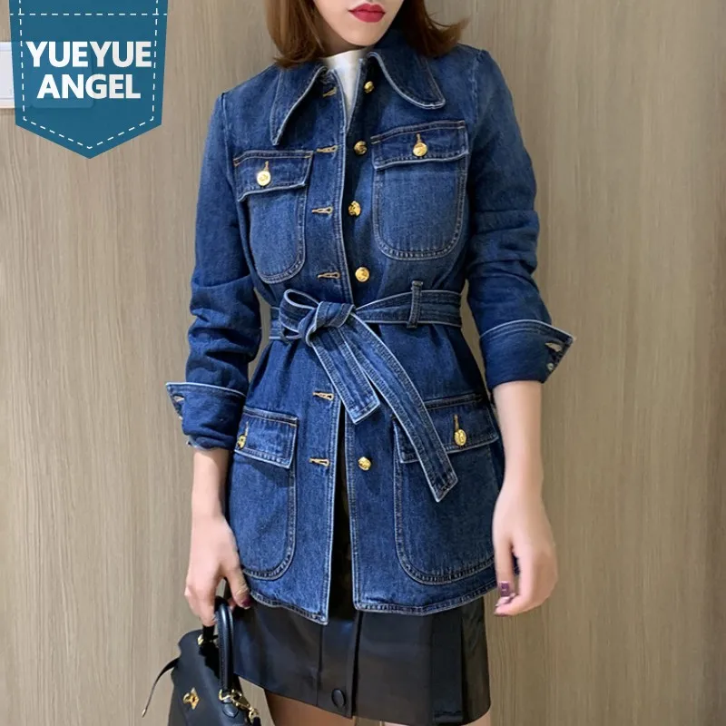 New Designer Multi-Pockets Cargo Long Coat Women Casual Single Breasted Denim Trench Sashes Office Lady Overcoat Windbreakers