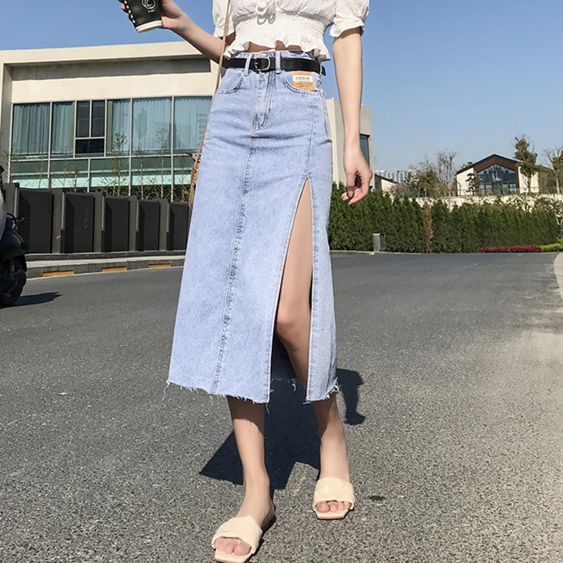 REALEFT Summer 2021 New Side Split Women's Long Denim Skirts with Belted Vintage High Wasit Straight Female A-line Jeans Skirt