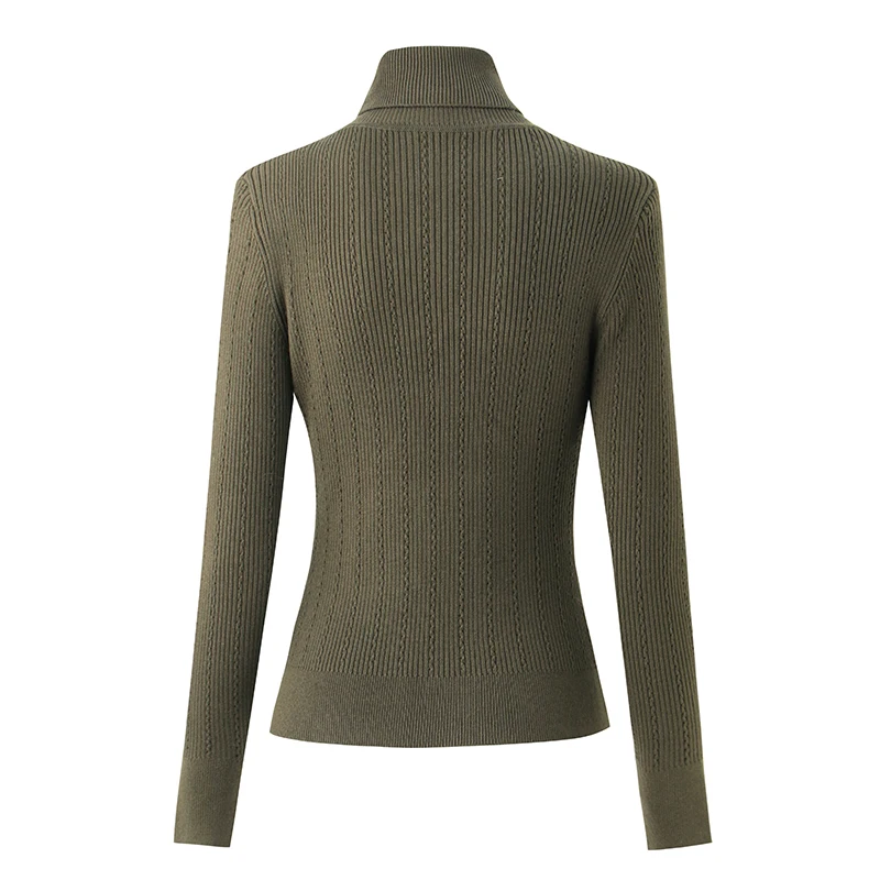 Wool Blend Luxury Turtleneck Women's Sweater Army Green Warm Winter Padder Shoulder Casual Knitted Tops