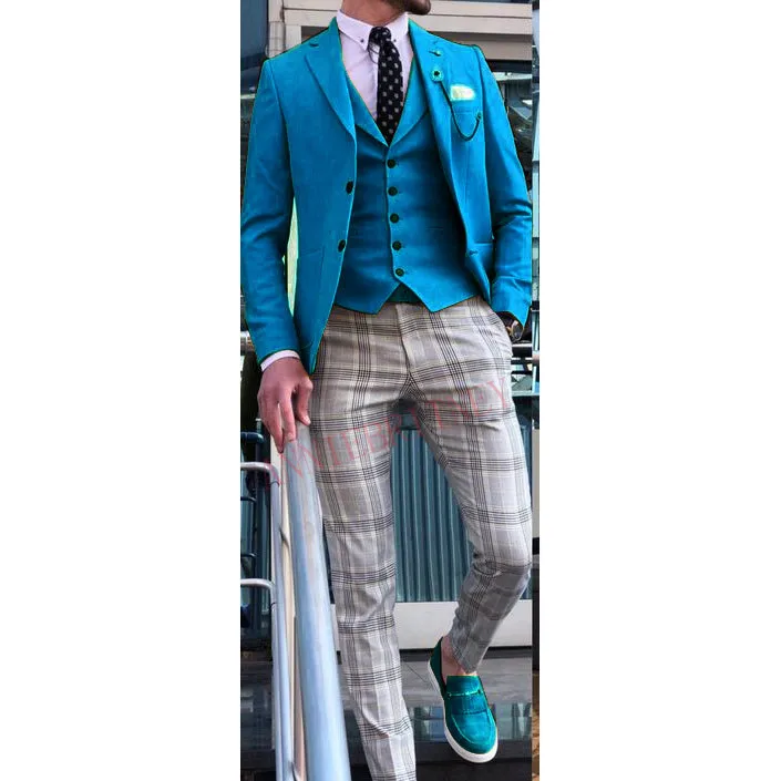 

202 Blue Men Suit 3 Piece Male Tuxedo Slim fit Casual Summer High Street Blazer Men Custom Plus Size Prom Jacket Vest Pants Set