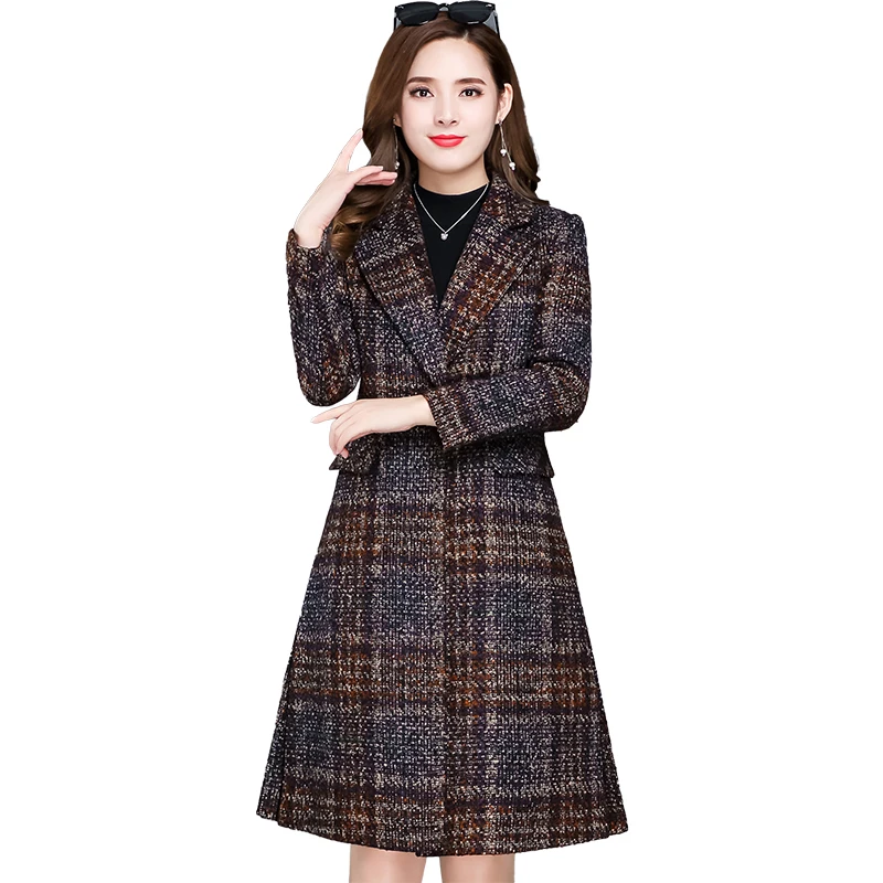 

high quality Plaid suit woolen coat female medium long winter women's size 4XL new popular woolen coats thicker womens overcoat