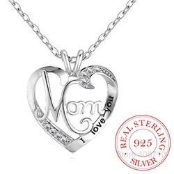 S925 Solid Sterling Silver Pendant Necklace Women I Love You MOM Heart Crystal Necklace for Mother's Day Gift Christmas Jewelry