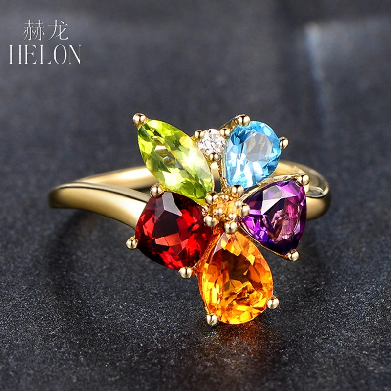 Solid 14K Yellow Gold Sparkling Diamond Fancy Blue Topaz Peridot Citrine Amethyst Garnet Women Ring Anniversary Fine Jewelry