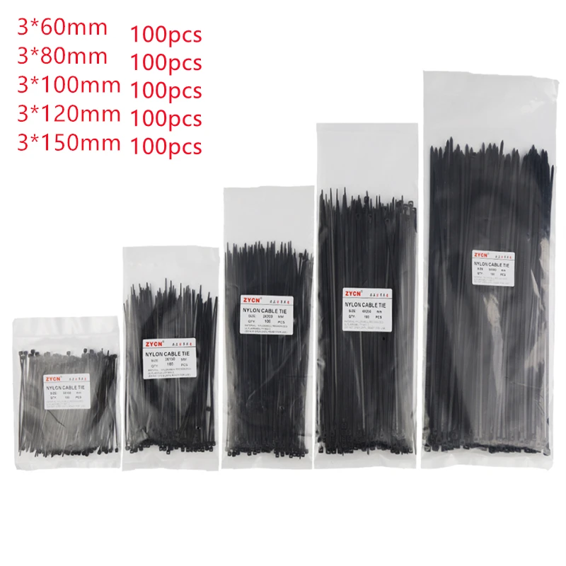 

Self-Locking Nylon Cable Ties Set Width 3 x60/80/100/120/150mm Assorted Black Plastic Zip Loop Wire Wrap 500pcs