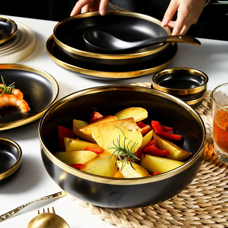 Tableware Set Black Ceramic Plates and Bowls Set Dinnerware Set with Dish Bowl Dessert Plate Steak Plate