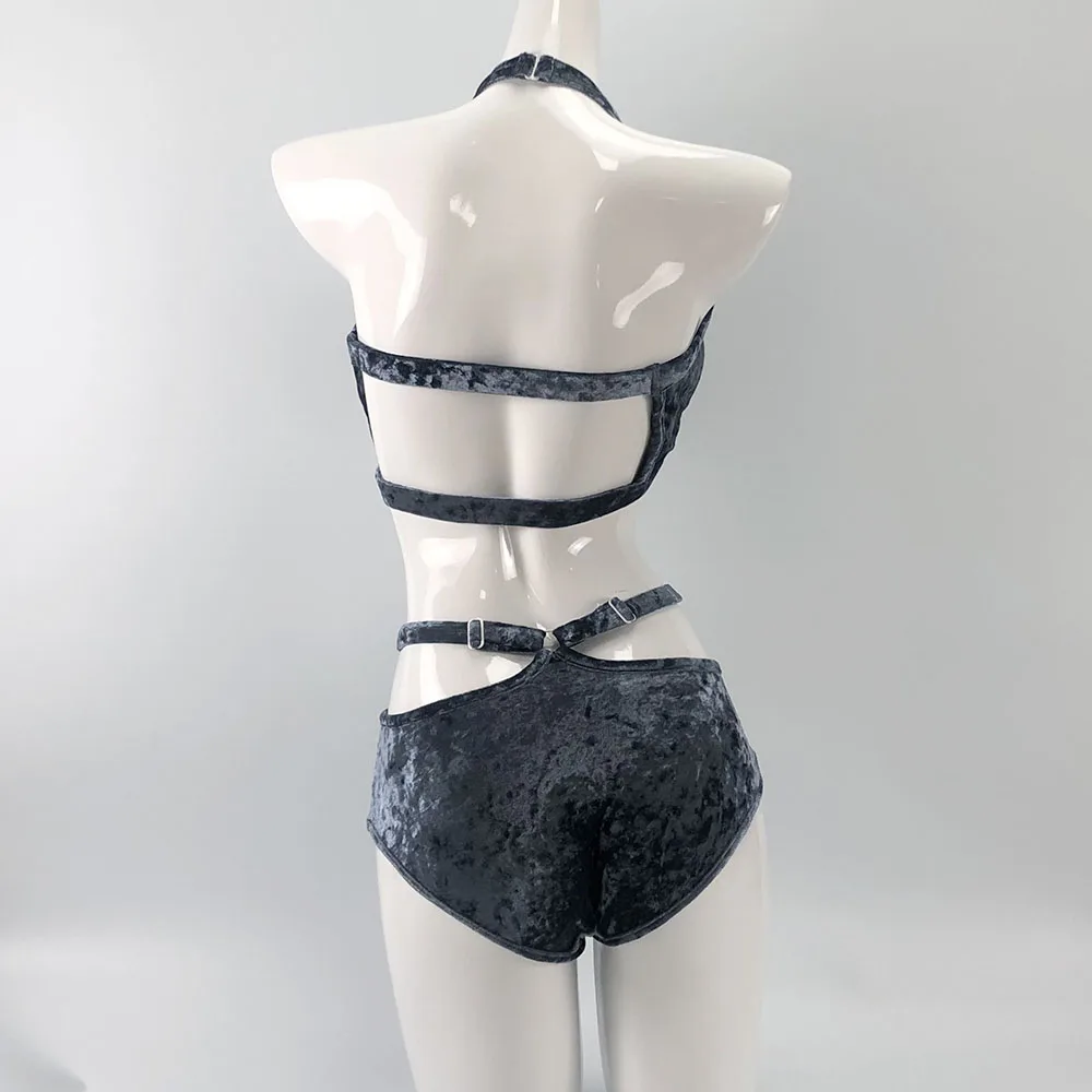 Hope&Win 2021 Newest Women\'s Pole Dance Clothing Velvet Asymetrical Crop Top Sexy Shorts Club Velvet Asymetrical Bottoms