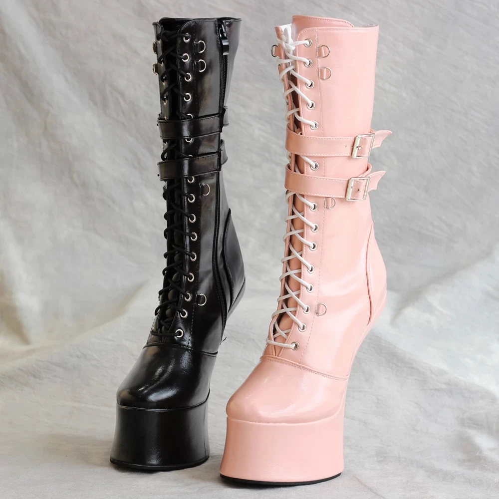 jialuowei 18CM Super High Horse Heel Hoof Sole Platform Sexy Fetish Cross-tied Mid-Calf Boots