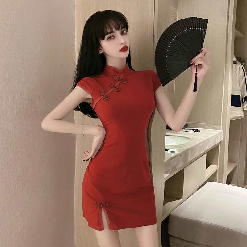 

Women Chinese Style Retro Cheongsam Red Pink Qipao Dresses Nightclub Bar Dance Sexy Bodycon Mini Skirt Party Mini Dress Vestidos