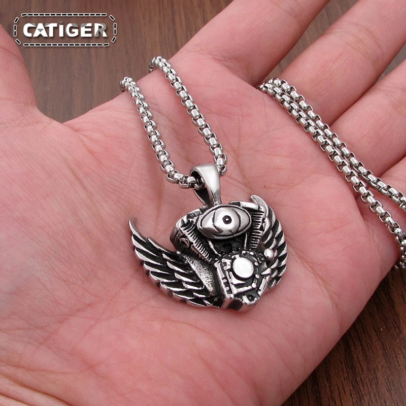 Classic 316L Stainless Steel Eagle Wings Engine Style Biker Pendant Motorcycle Bike Necklace Jewelry