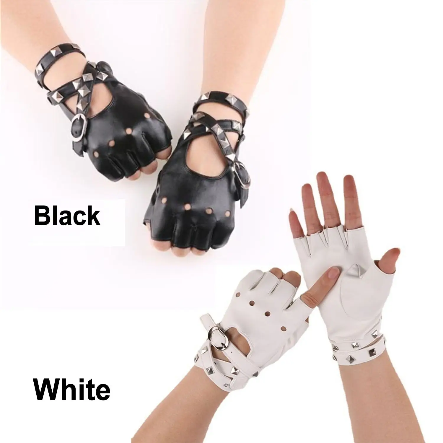 Unisex Fingerless Driving PU Leather Gloves Motor Cool Rivet Sexy Disco Dancing Rock and Roll Black Red White Punk Gloves