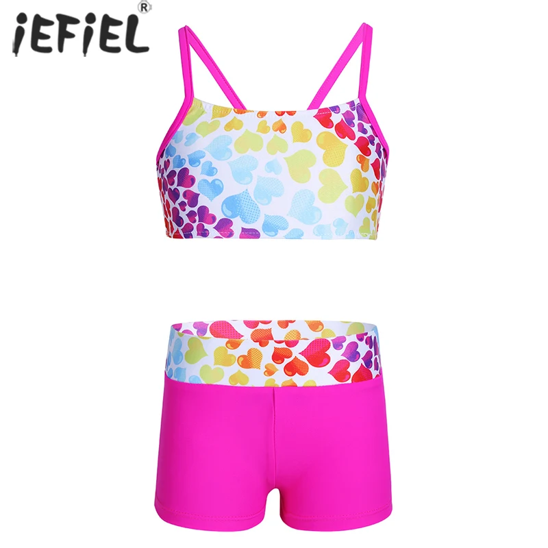 

Children Girls Polka Dot Strappy Top Bra and Shorts Set for Swimwear Ballet Gymnastics Leotard Dancing Exercise Workout Outfit