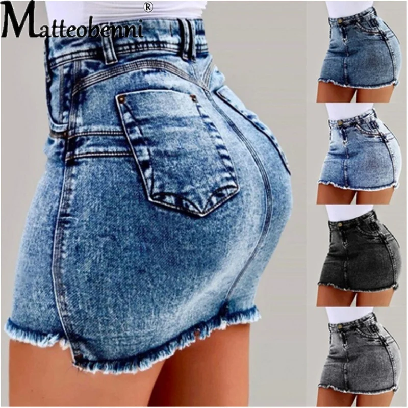 2024 Summer Women Sexy High Waist Solid Tassel Pencil Denim Skirts Push Up Bandage Jean Skirts Streetwear Mini Skirts