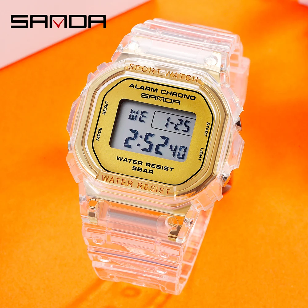 Sanda2019 relógio esportivo feminino fashion pulseira transparente relógio digital led relógio eletrônico feminino